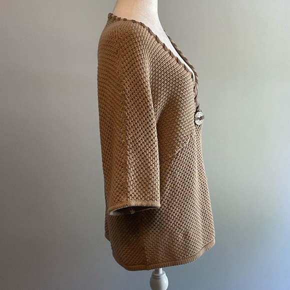 Ruby Rd Lg Cotton/Acrylic Blend Taupe 1 Button Crochet Sweater Faux Suede Trim - Picture 12 of 16